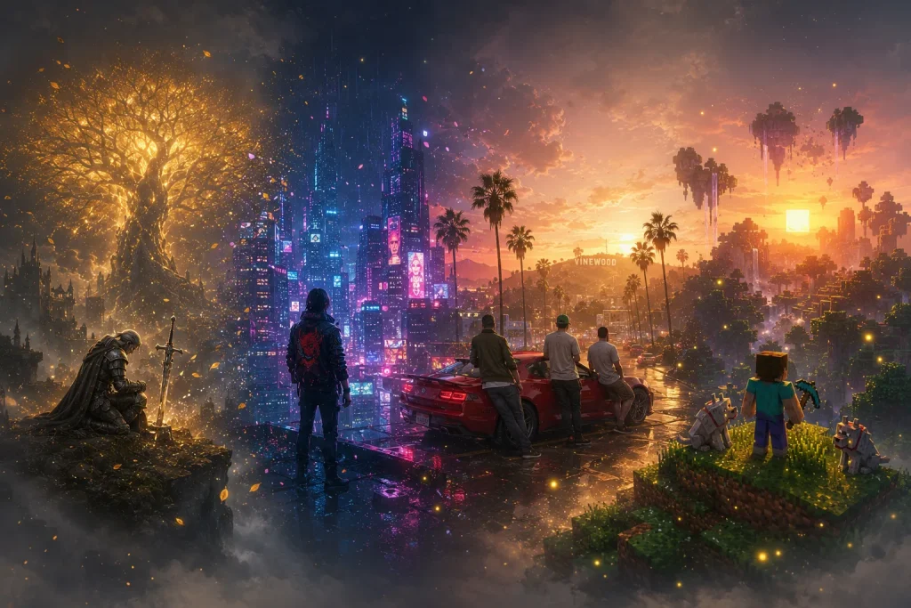 کلاژ بهترین بازی های کامپیوتر جهان باز شامل The Witcher 3، Elden Ring، Red Dead Redemption 2 و Cyberpunk 2077