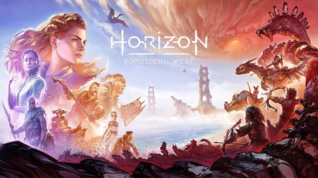 الوی در حال مبارزه با ربات‌ها در Horizon Forbidden West بهترین بازی کامپیوتر پساآخرالزمانی