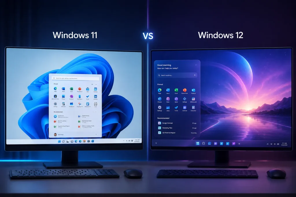 تصویر مفهومی مقایسه Windows 11 و نسل احتمالی Windows 12 روی دو نمایشگر