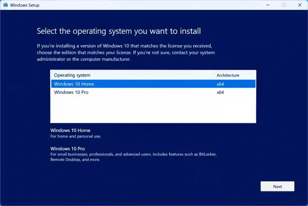 Windows 10 Edition Selection Screen