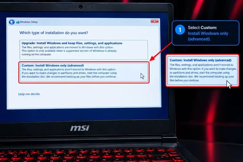 گزینه Custom: Install Windows only (advanced) را برای نصب تمیز انتخاب کنید. 