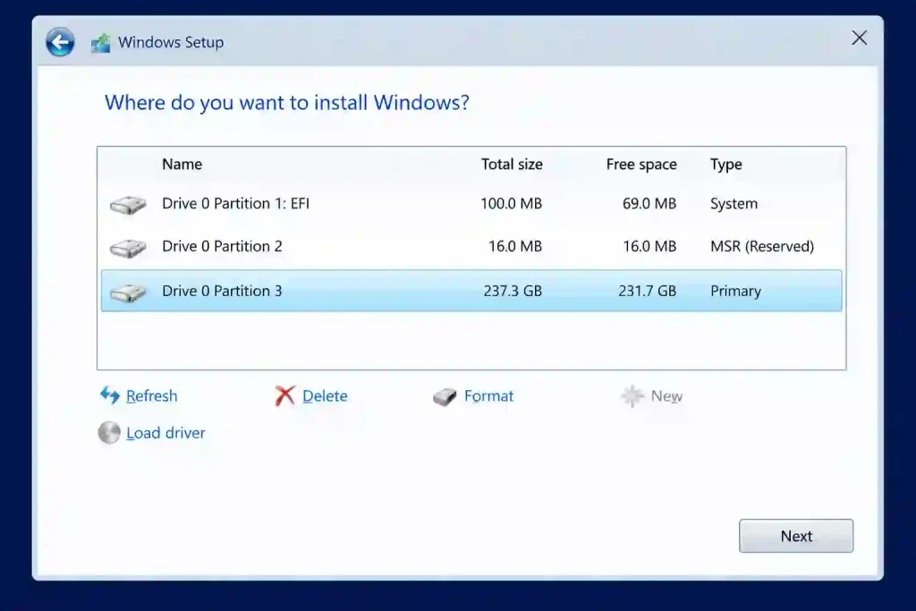 Windows Setup Partition Selection