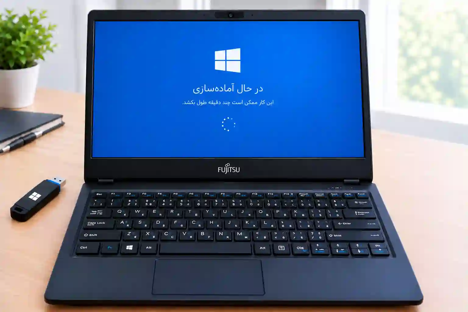 لپ_تاپ فوجیتسو در حال آماده_سازی ویندوز